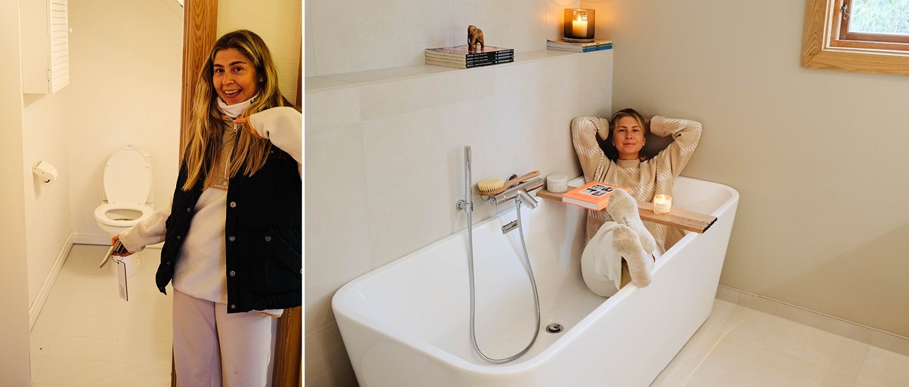 Sammensetning av to bilder. Venstre: Ingrid Tandrevold står utenfor bad og peker inn mot gammelt toalett. Høyre: Ingrid Tandrevold ligger påkledd i nytt badekar på nytt bad.